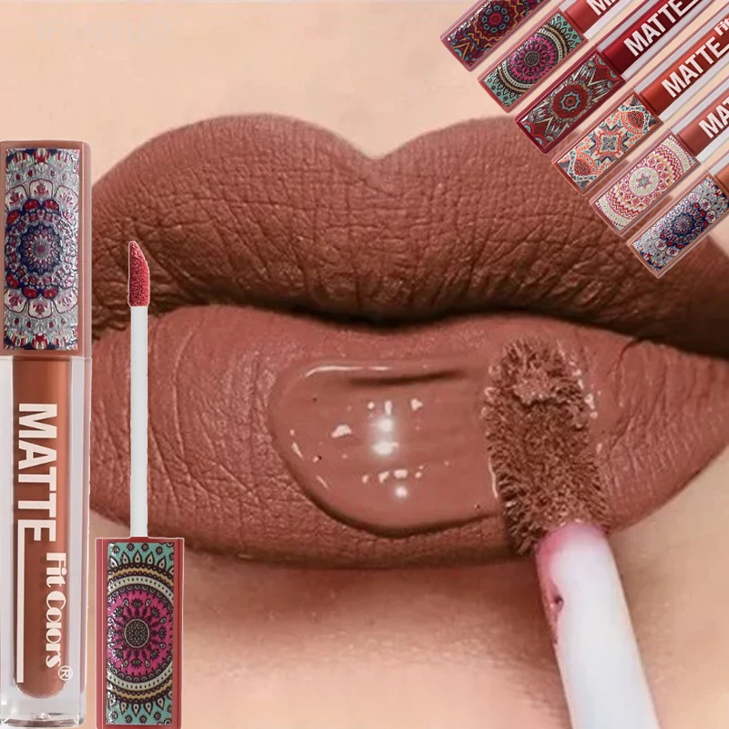 Lápiz labial mate de 6 colores, resistente al agua, textura de terciopelo, brillo de labios líquido, estilo bohemio, marrón tierra, taza antiadherente duradera, maquillaje de labios
