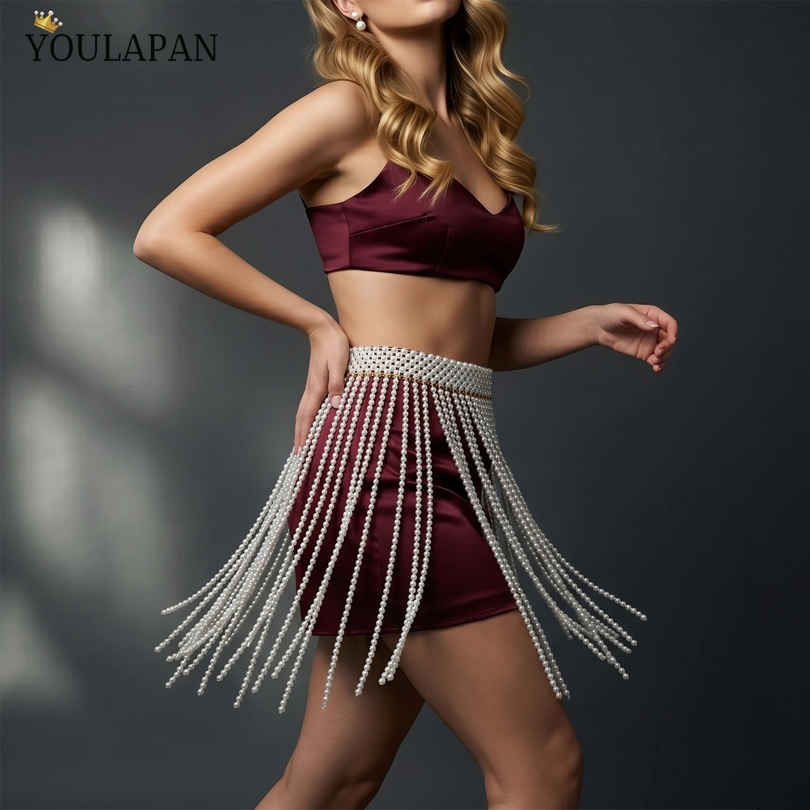 TOPQUEEN Cinturón de Perlas de Cintura Alta con Flecos, Cadena Corporal Sexy con Cuentas, Bolero Desmontable para Fiesta, Tapado para Vestido de Fiesta VG97