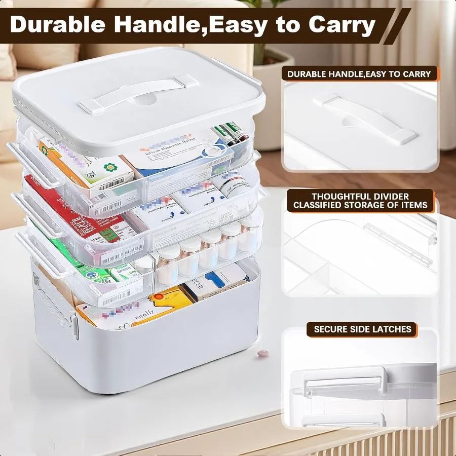 Organizzatore di armadietto dei medicinali portatile a 4 livelli Scatola di immagazzinaggio di medicinali di grandi dimensioni con manico Scatola di pronto soccorso in plastica Vuoto multiuso
