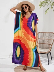 Plus Size Boho Cover Up damski Plus Geo Print rękaw w kształcie skrzydła nietoperza dekolt z dekoltem i rozcięty Kaftan sukienka okrycie plażowe Up