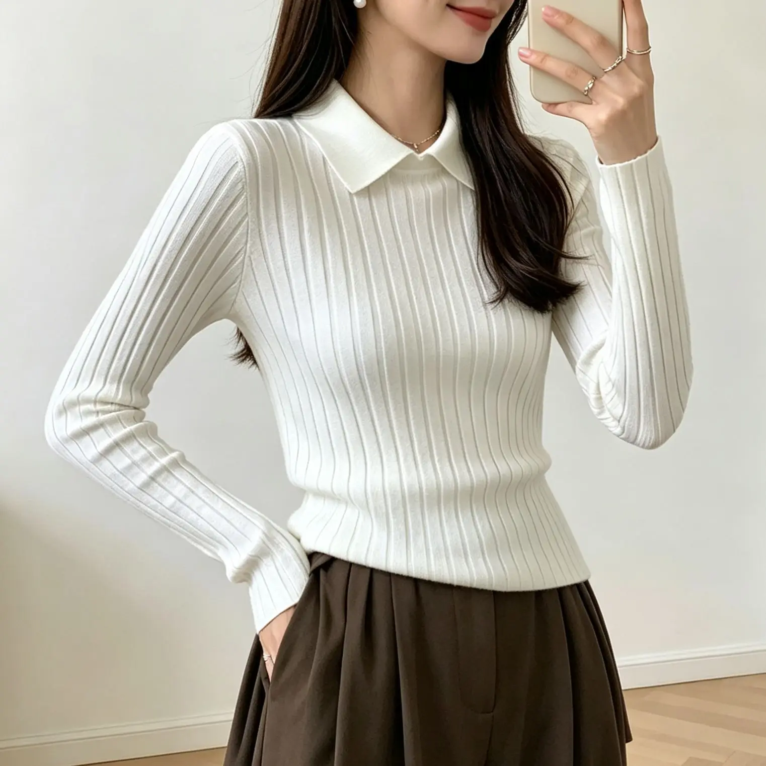 Knit For Top for Women Featuring Lapel Detail Solid Color Long Sleeves and For Slim-Fit Silhouette for Daily Wear