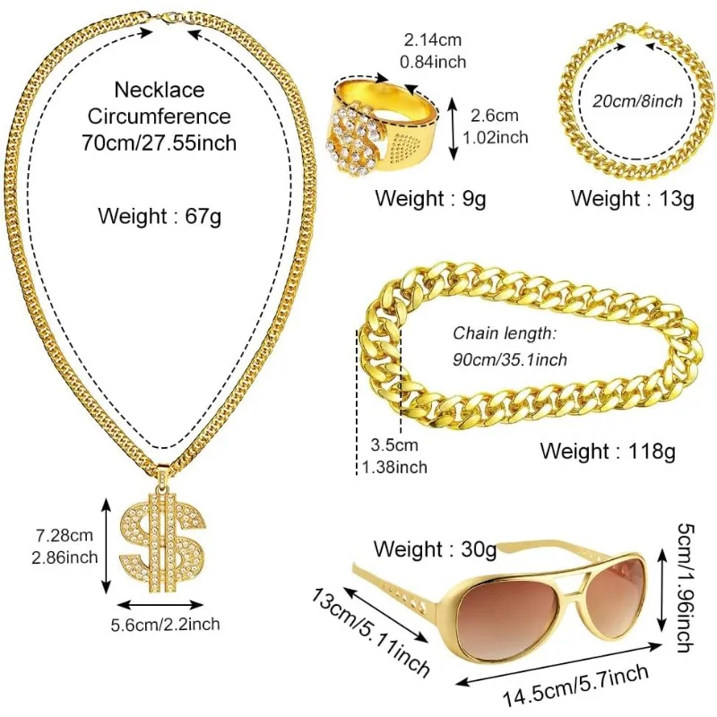 5pcs Hip Hop Costume kit,80s Fancy Dress Accessories,Fake Gold Chain /Bracelet,Necklace,Ring,Hippie Glasses Adult Disco Outfit