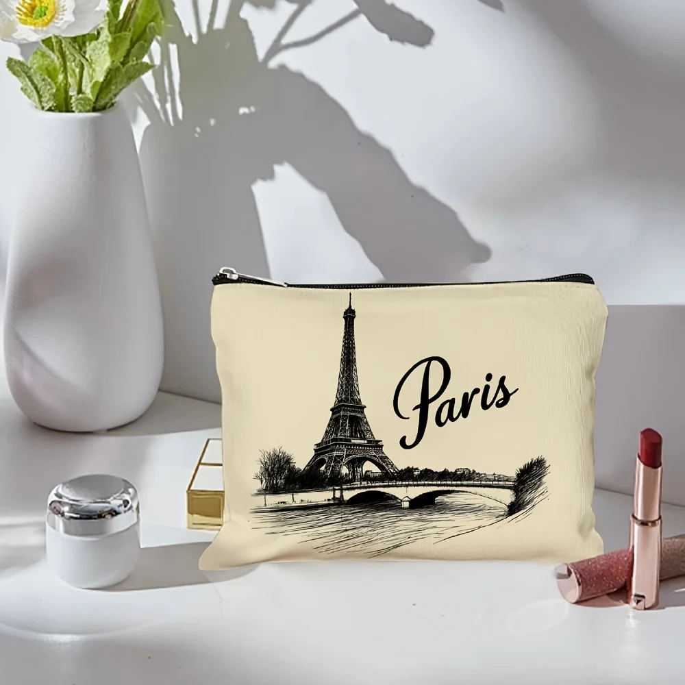 Un sac de maquillage imprimé sur le thème de Paris - pochette multifonctionnelle à fermeture éclair, sac de rangement de bijoux, petit sac de rangement à fermeture éclair de voyage parfait.