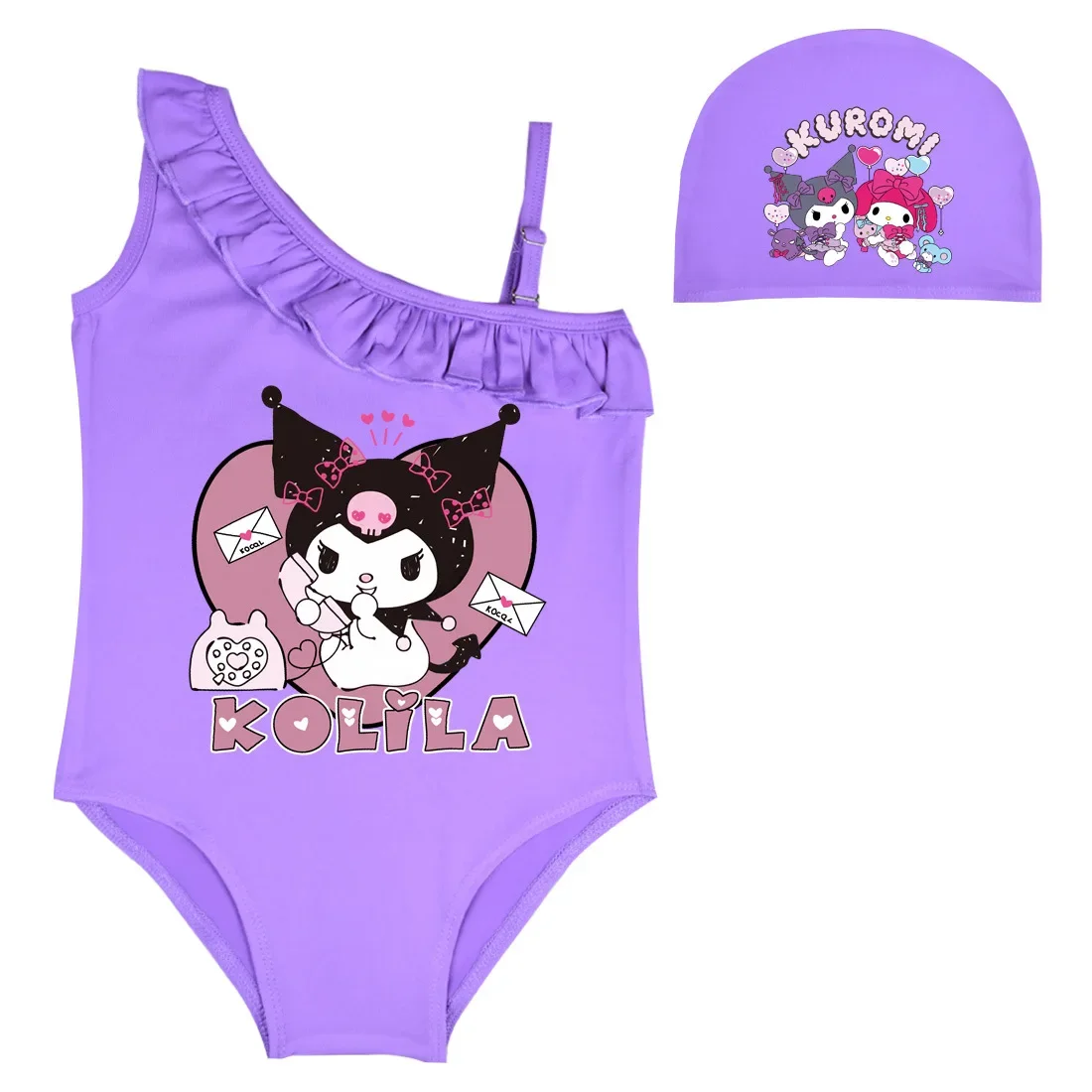 2023 Kuromi My Melody Swimsuit with Swimming Cap Kawaii Cartoon Summer Sanrio Children Girl Sport Swimwear Bathing Suit Gift Toy