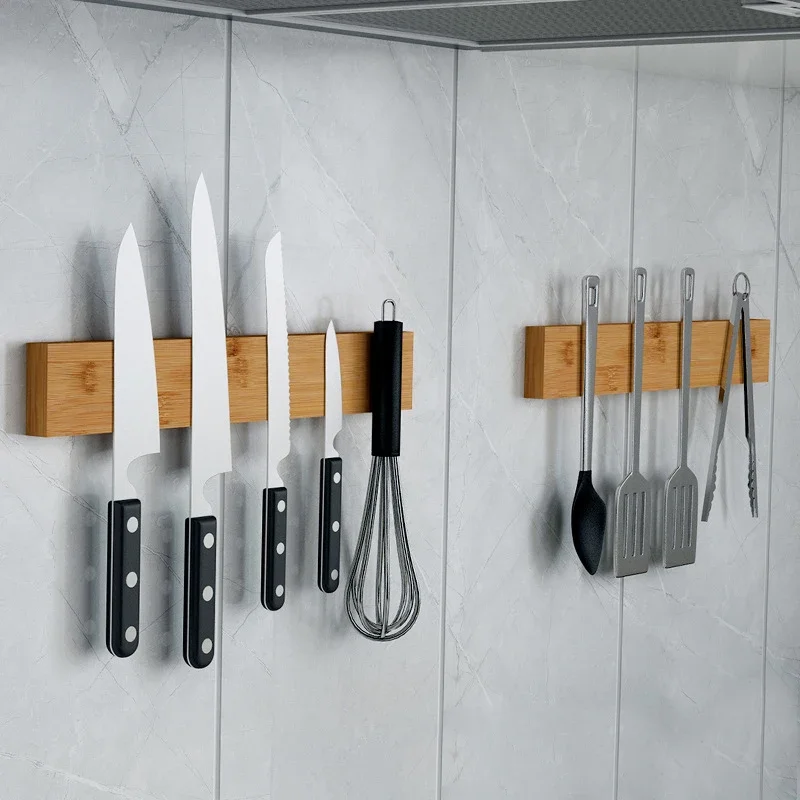 Powerful Magnetic Holder Strip Wood Bamboo Kitchen Rack Wall Mount Japanese Slicing Magnet Knives Block