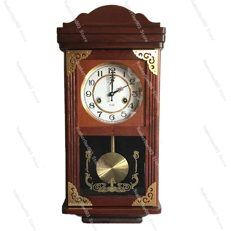 Vintage Mechanical Wall Clock with Pendulum – Wooden Case, Brass Movement, Wind-Up Chime on the Hour