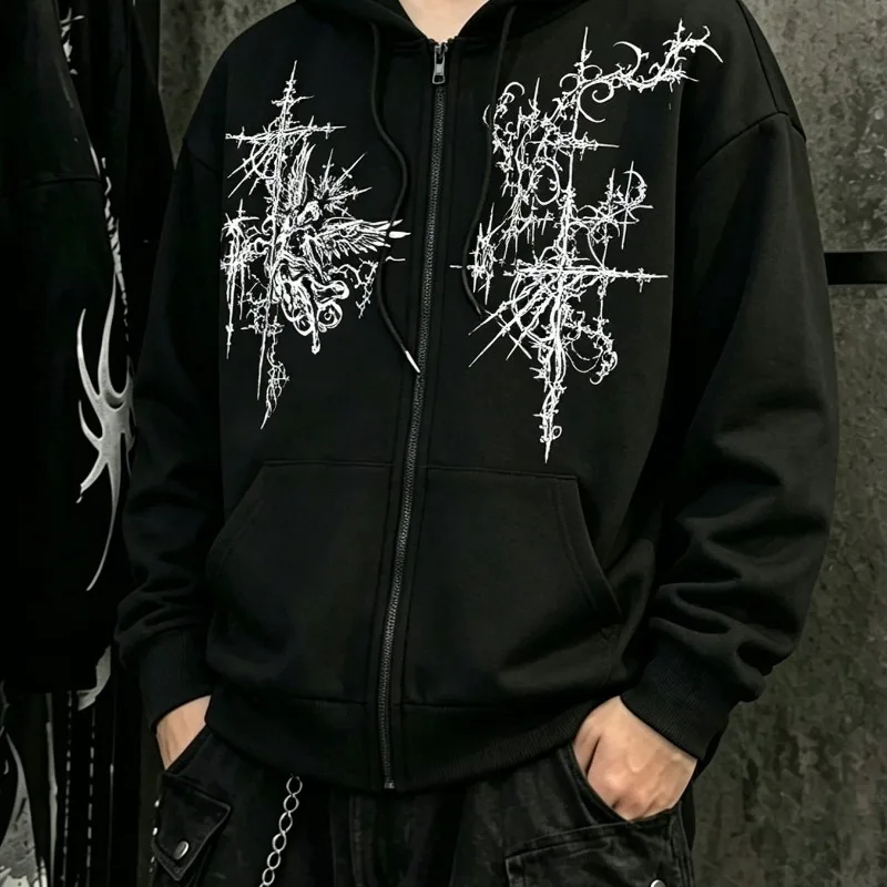 Fashion Street Trendy Brand Dark Thorn Abstract Printed Hoodie Men's Coat Spring and Autumn Same Style for Men and Women