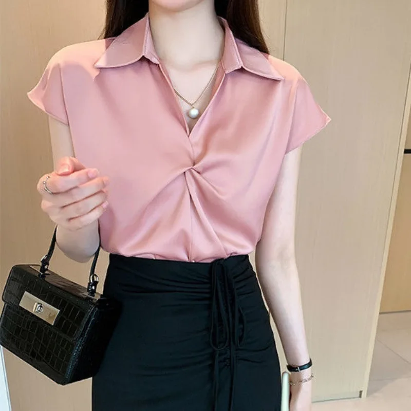 

Women Summer Simplicity Office Lady Polo Collar Solid Color Short Sleeve Shirts Ladies Fashion Pleated All-match Trend Tops