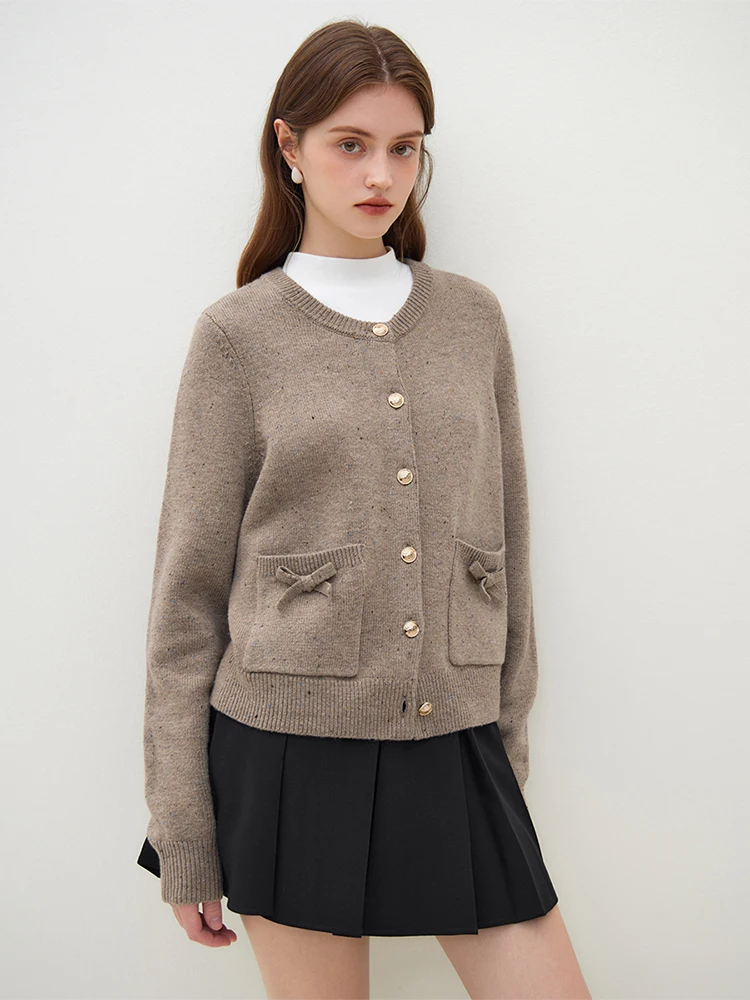 FSLE Handmade Bow Knit Cardigan Full Sleeve Women Cardigan 2023 Winter New Brown Women Sweater Casual Loose Office Lady Cardigan