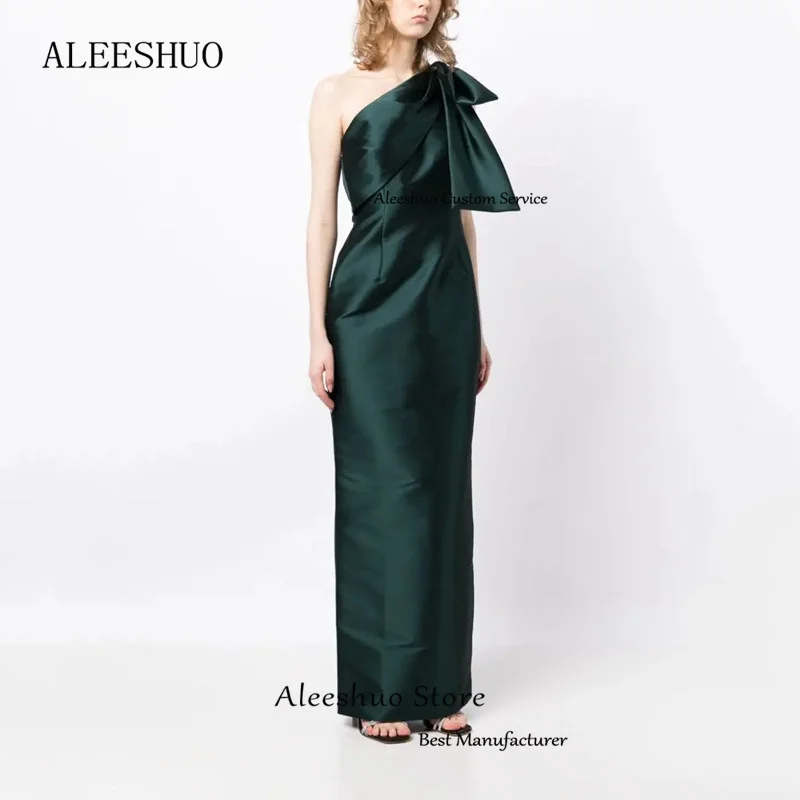 Aleeshuo-マーメイドサテンのイブニングドレス,長い,非対称の裸の肩,プリーツ,弓,ノースリーブ,フォーマル,床の長さ