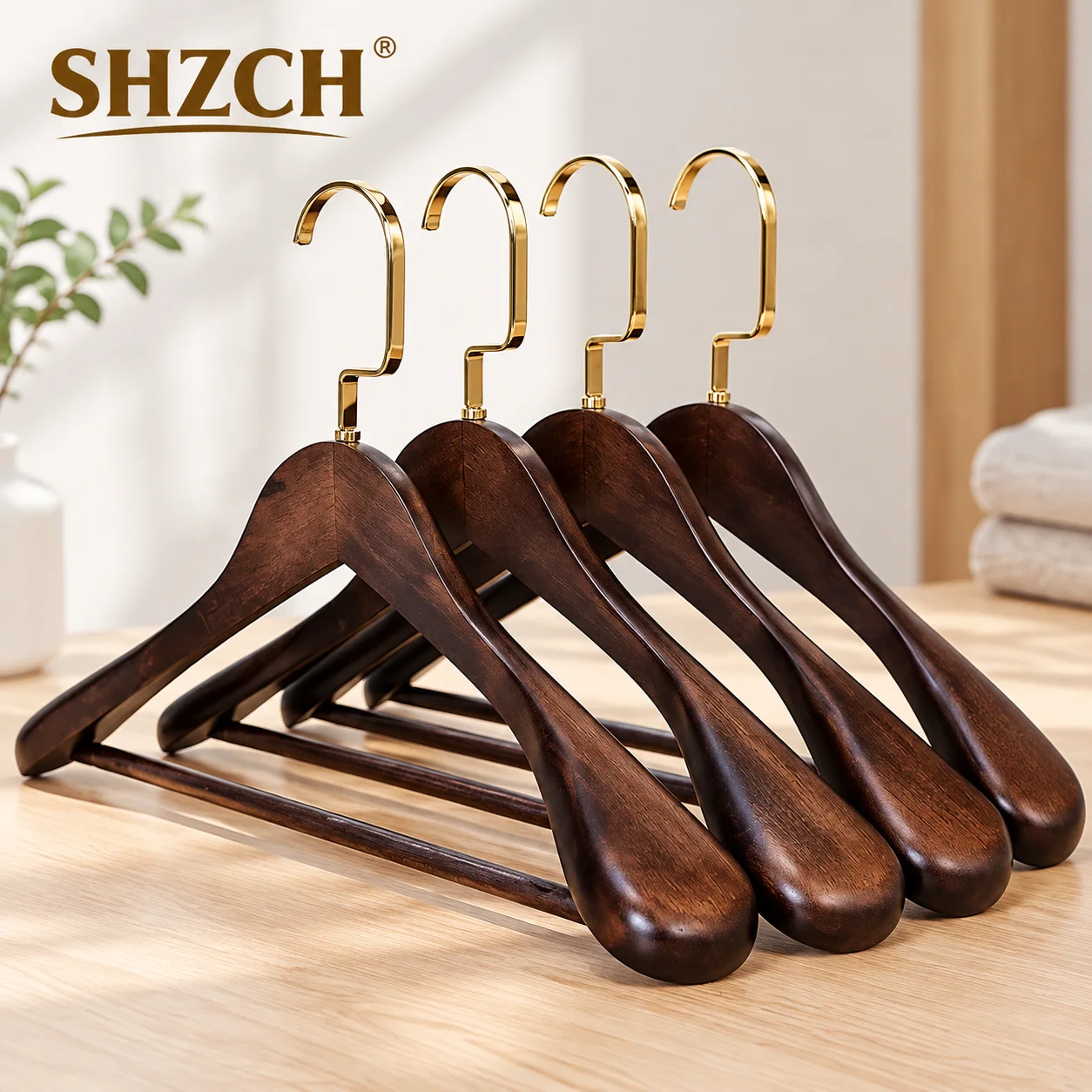 6Pcs/set Solid Wood and Metal Hook Wooden Hangers With Notches Non-slip Metal Hook for Clothes