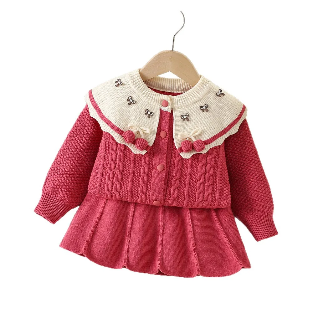Kawaii الطفل سترة تنورة فتاة الخريف الشتاء جديد محبوك تنورة الأميرة ملابس الأطفال موضة الدفء طويلة الأكمام