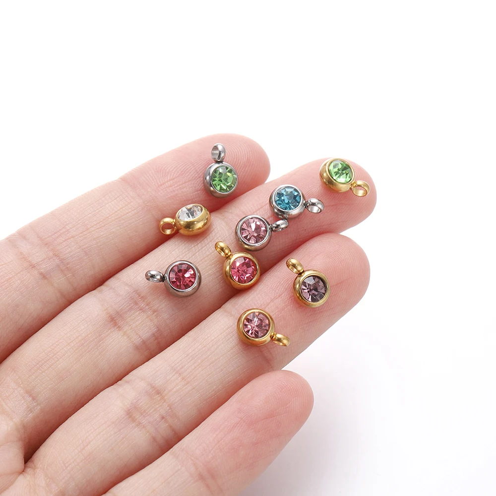 10Pcs 6*8.7mm Round Stainless Steel With Colorful Crystal Pendant for DIY Handmade Jewelry Making Necklaces Earrings Supplies