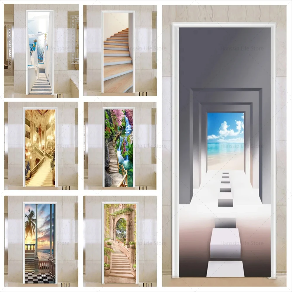 3D Stair Pattern Door Sticker PVC Wallpaper Mural Bathroom Wardrobe Sliding Door Waterproof Antifouling Sticker DIY Home Decor