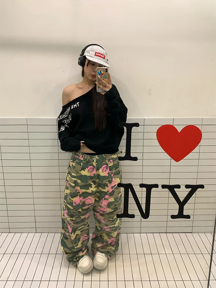 High Street Camouflage Casual Pants Women Contrast Color Pink Floral Print Overalls Loose Pleated Straight Trousers Hip Hop