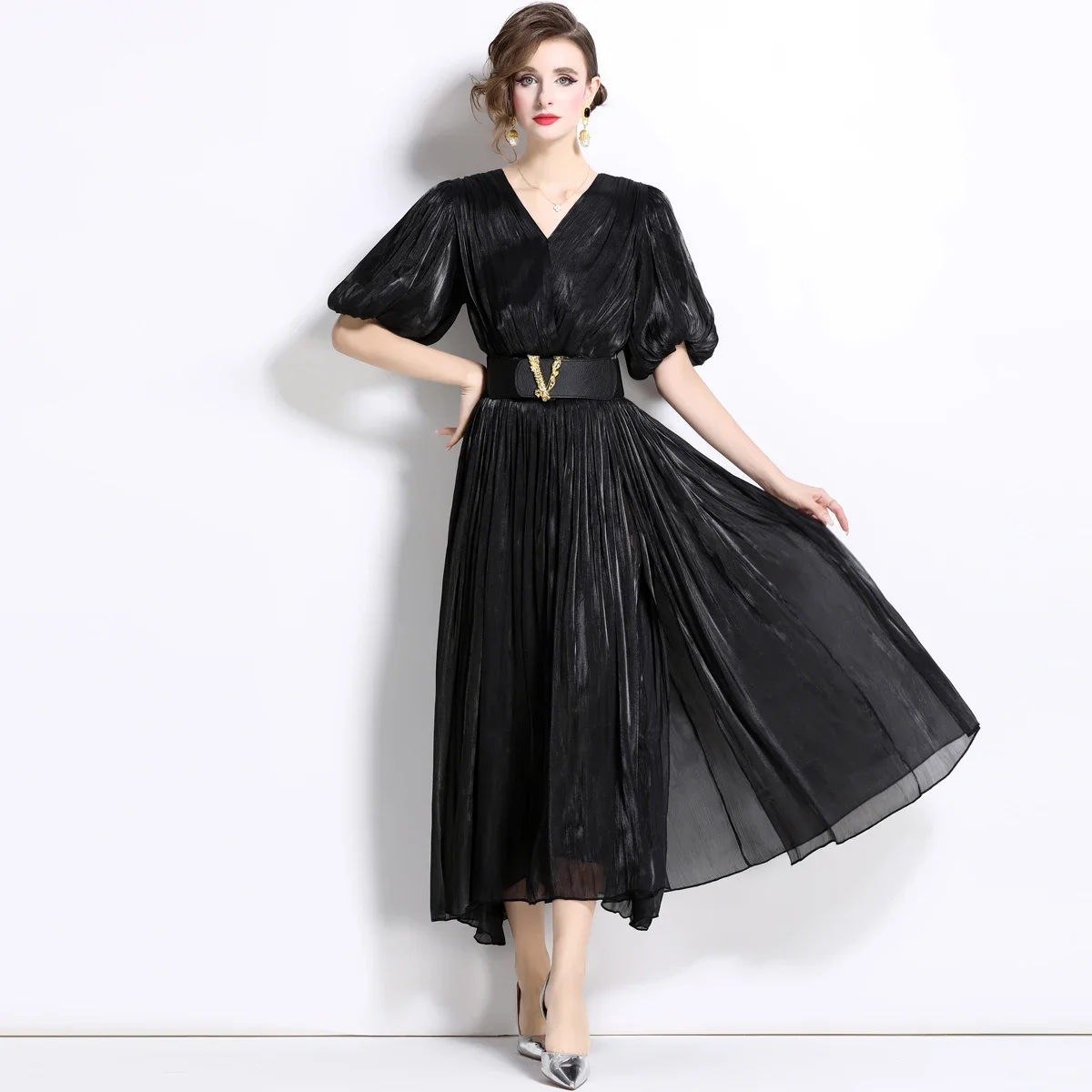 Puffy Sleeve Pleated Slimming Mid-length Dress Long Skirt Maxi Dresses for Women Vintage Skirt Vestidos De Mujer