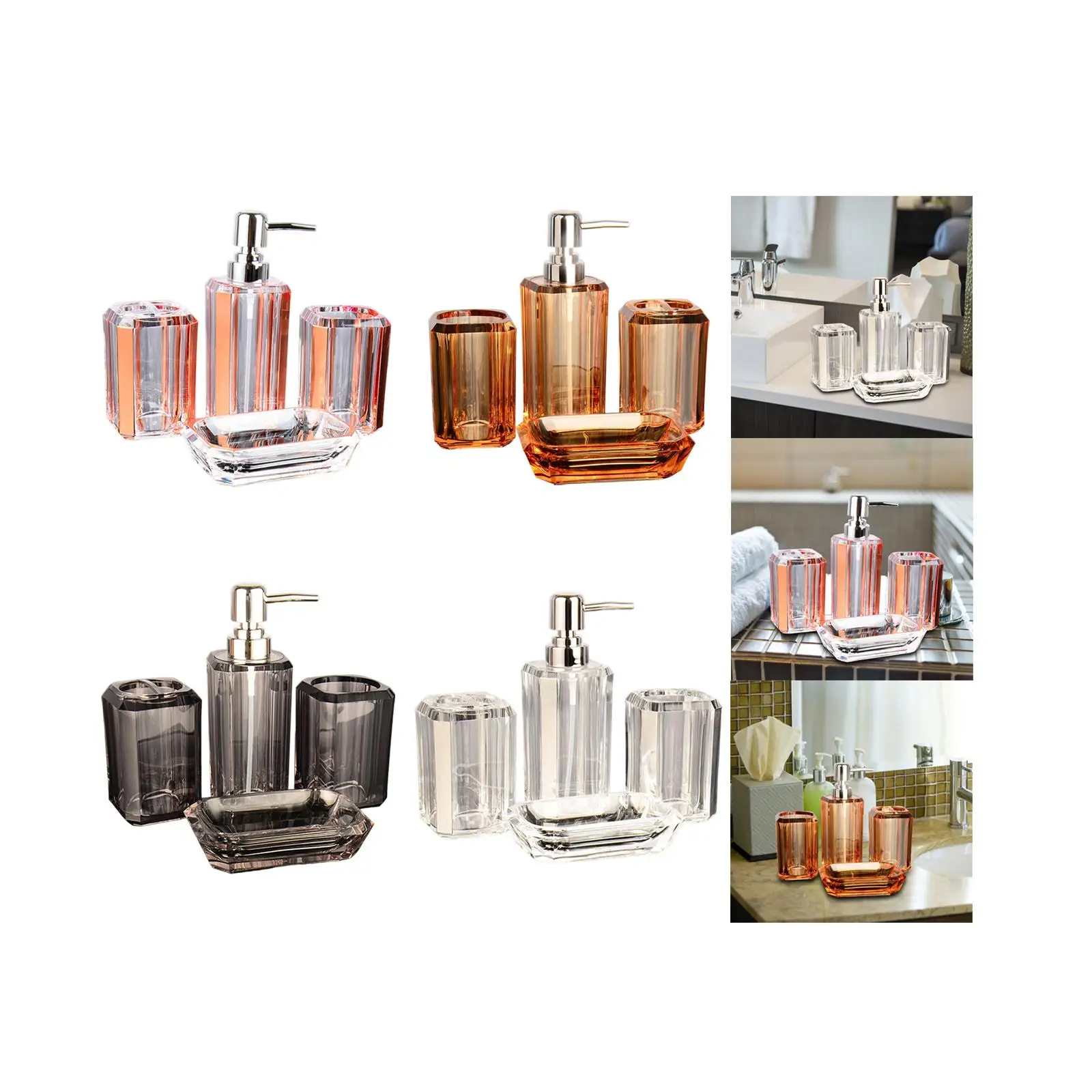 4Pcs Bathroom Accessories Vanity Accessory Set Transparent Lotion Bottle Soap Dispenser Toothbrush Holder Soap Dish Decor