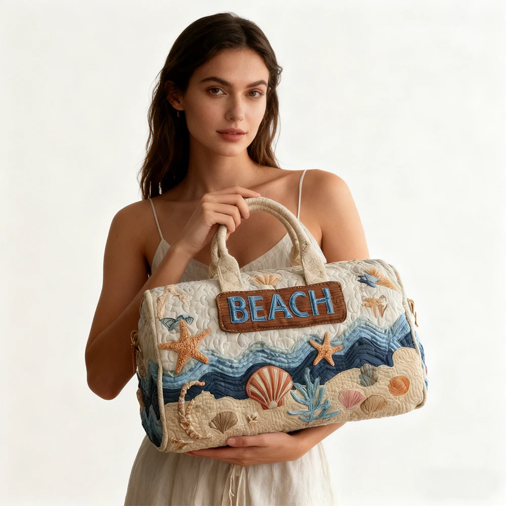 

Coastal Beach Quilted Duffle Bag Embossed Ocean Shell Pattern Women Men Weekender Travel Tote 2026 New Outdoor Road Trips