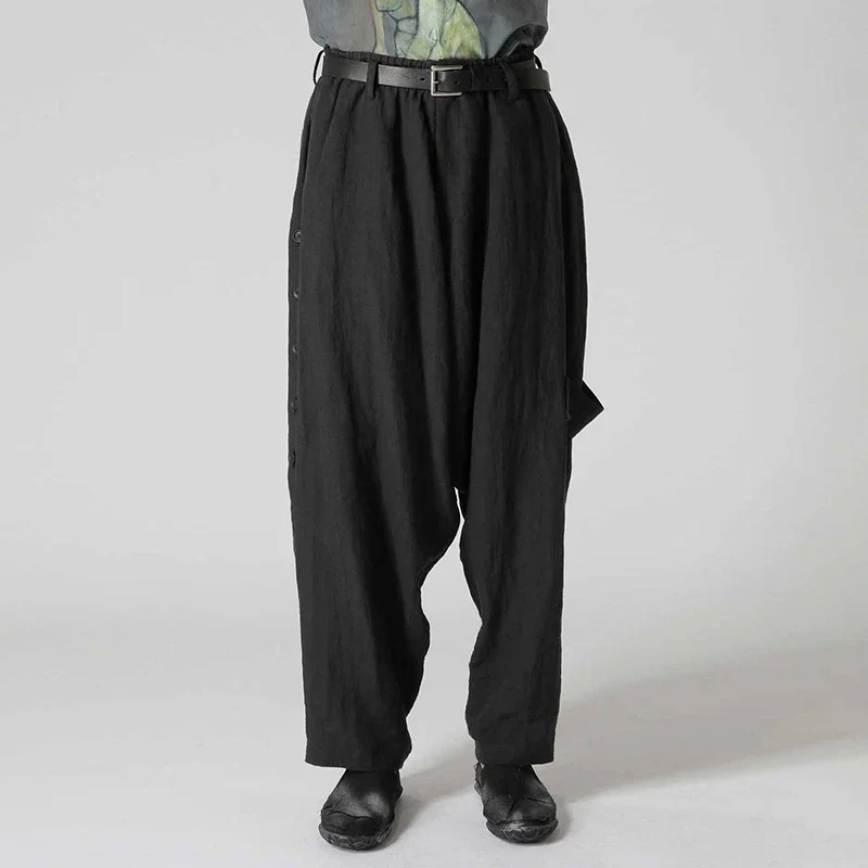 YOJI OOAK التصميم الأصلي الكتان تصميم غير متماثل منخفضة المنشعب السراويل عارضة رسم حبل الخصر خط مفتوح السراويل عارضة