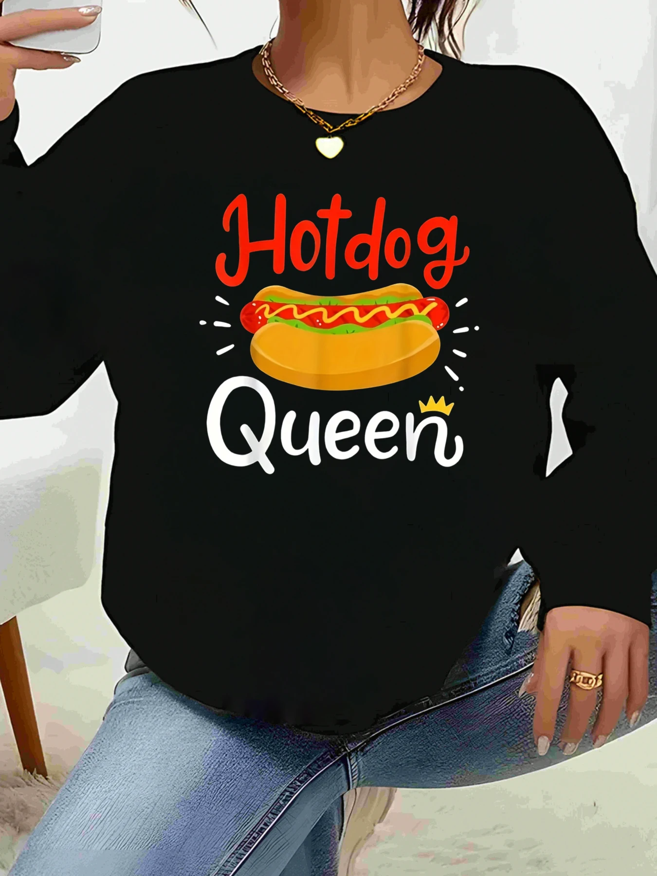 Camiseta de manga comprida com estampa Hotdog Queen, roupa casual para mulheres