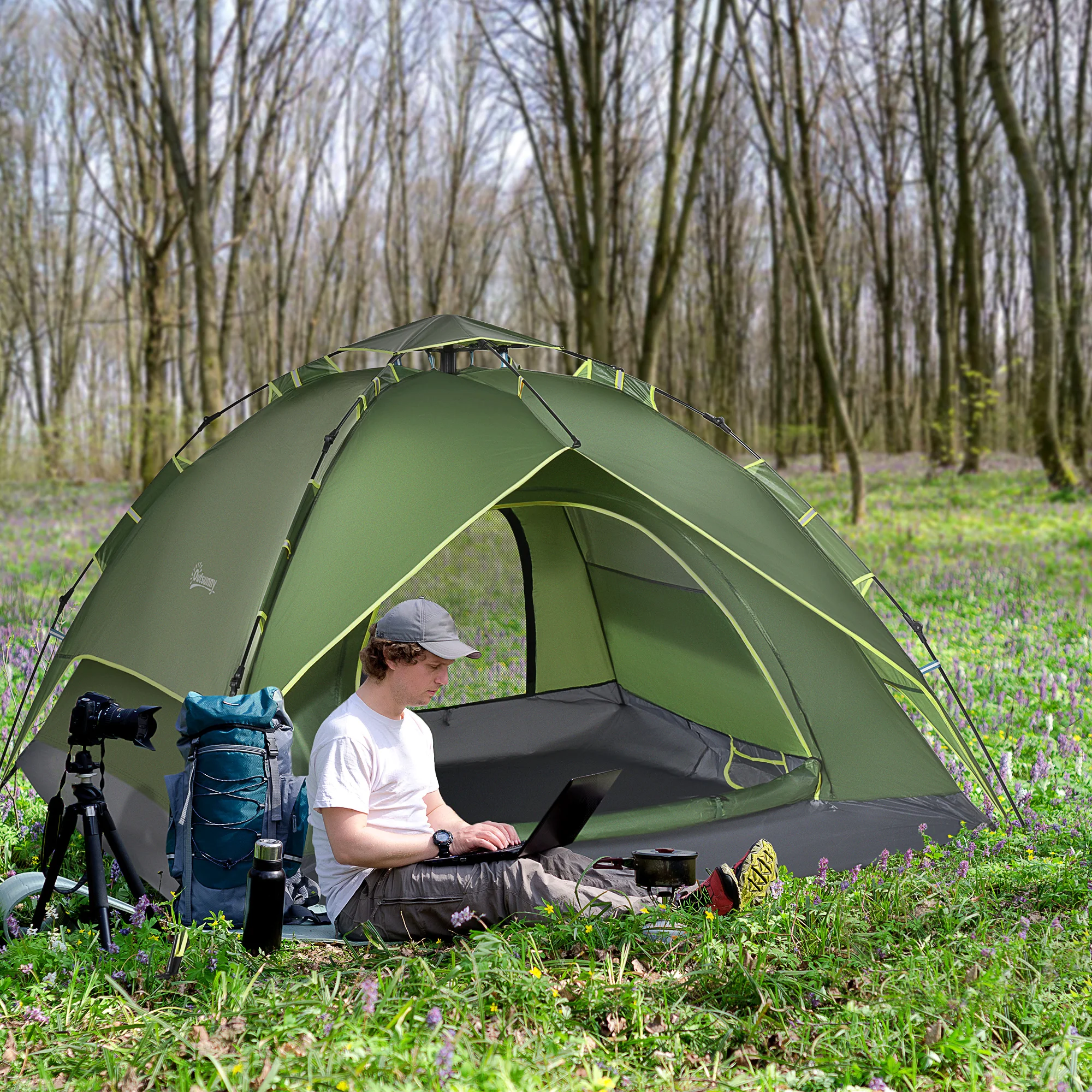 Tente de camping imperméable 4 saisons pour 2 adultes et 1 enfant, installation rapide, deux portes, polyester résistant aux UV, toit abrié, idéale pour les aventures en plein air en famille
