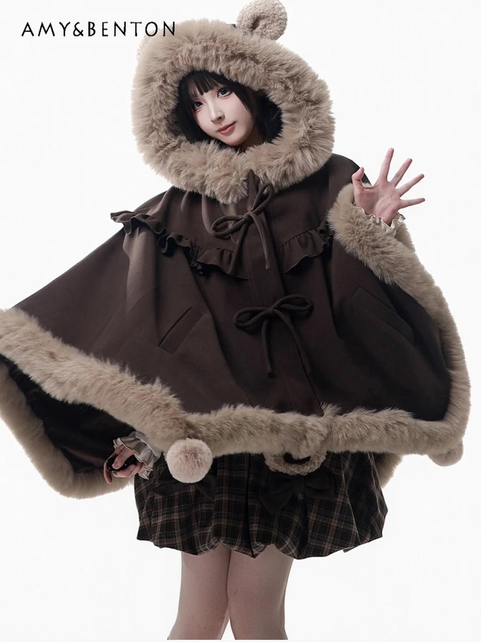 Winter New Cute Ear Hooded Furry Warm Cloak Knitted Strap Flower Bud Skirt Set Sweet Lolita Style Two Piece Sets Womens Outifits