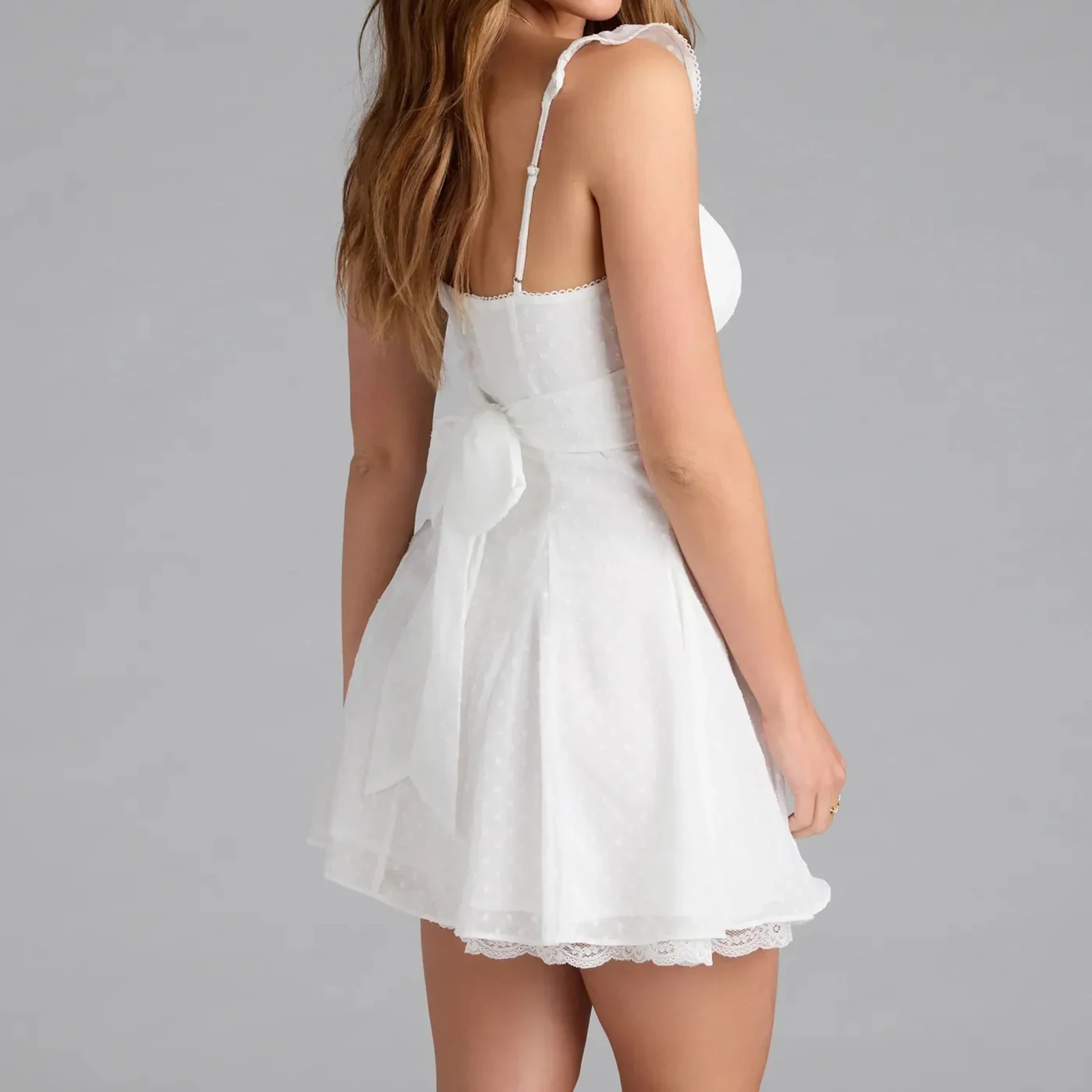 Women Mini Cami Dress Dot Pattern Square Neck Flutter Sleeve Open Back Tie-up A-line Short Dress for Daily Party