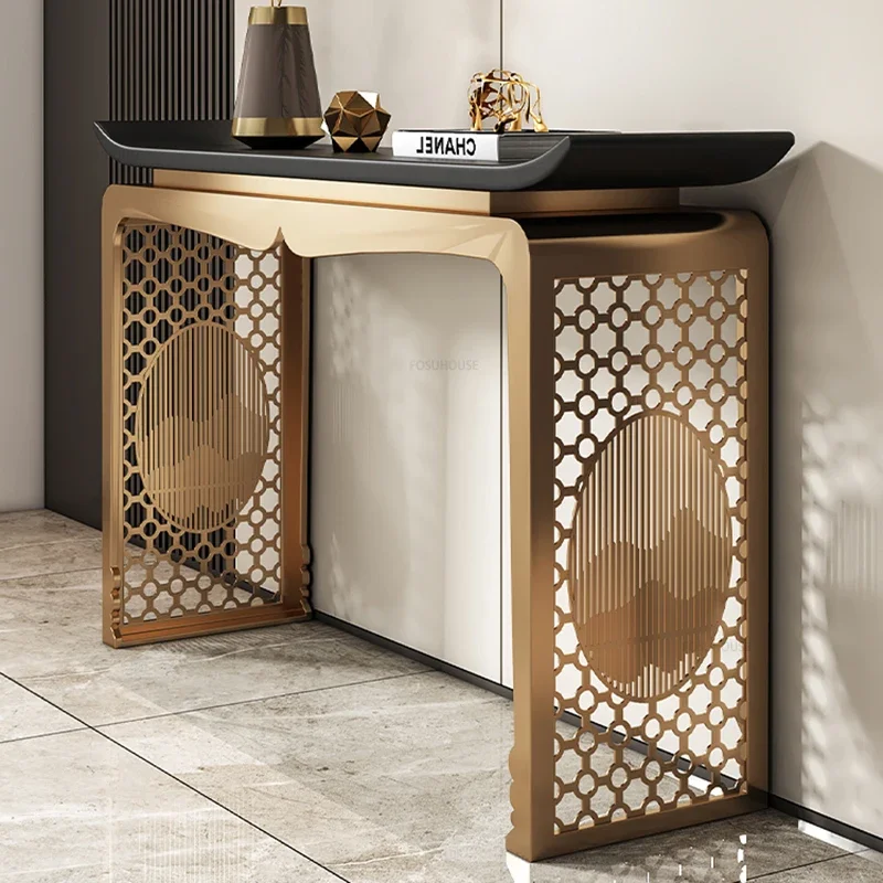 

Light Luxury Console Tables for Metal Hallway Creative Hollow Design Table New Chinese Style Slate Console Table for Restaurant