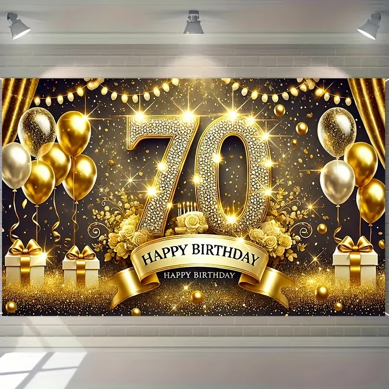 

70th Birthday Party Banner Background Decoration Gold Sequins Balloons Posters Photography Backdrop Photos Props Birthday Gifts