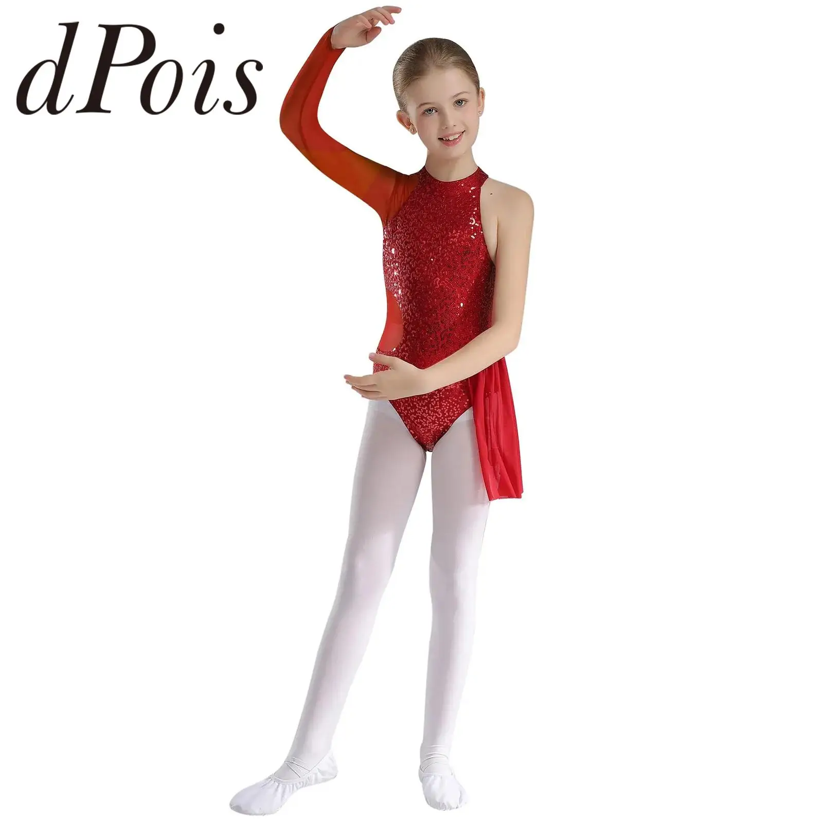 

Kids Girls Sequin Jazz Latin Dance Figure Skating Jumpsuit Ballet Tutu Leotard One Shoulder Mesh Long Sleeve Gymnastics Bodysuit