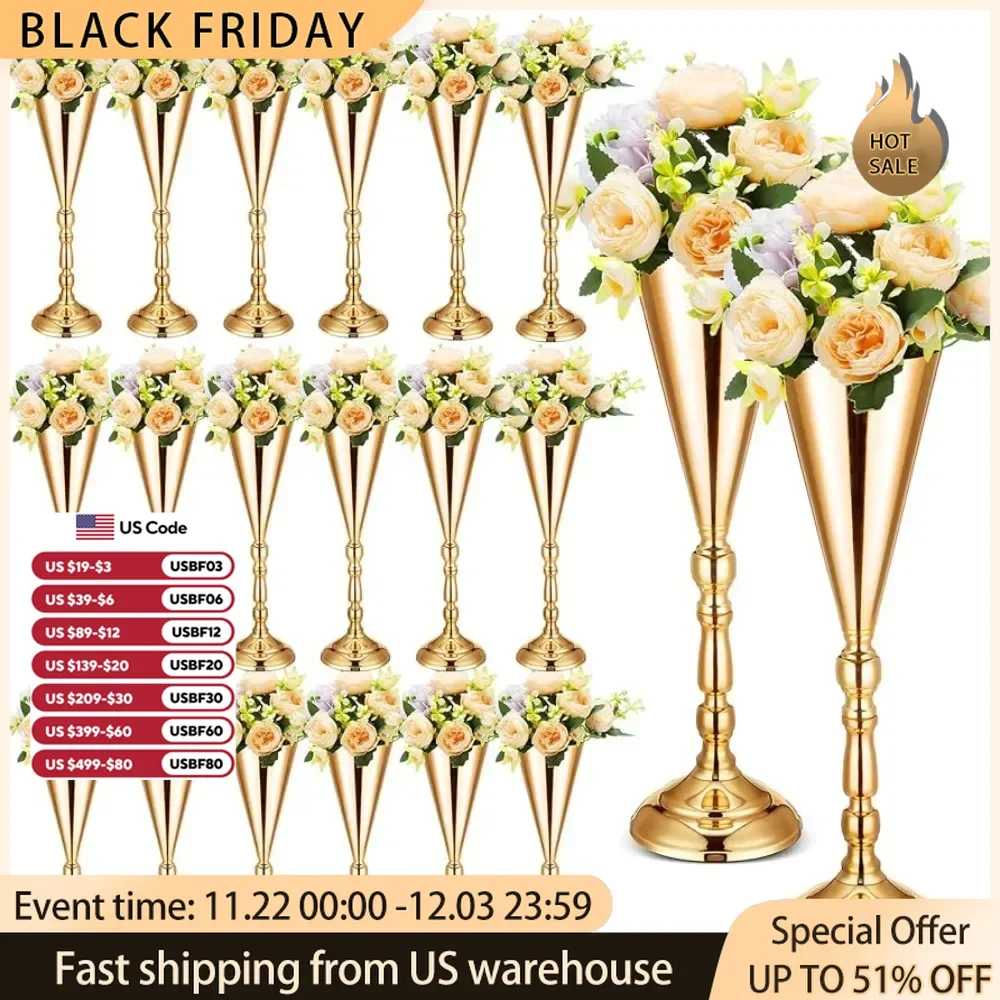 16.5 Inches Tall Gold Vase 20 Pcs Wedding Flower Trumpet Vase Tabletop Stand Table Decorative Centerpiece Metal Flower Vase