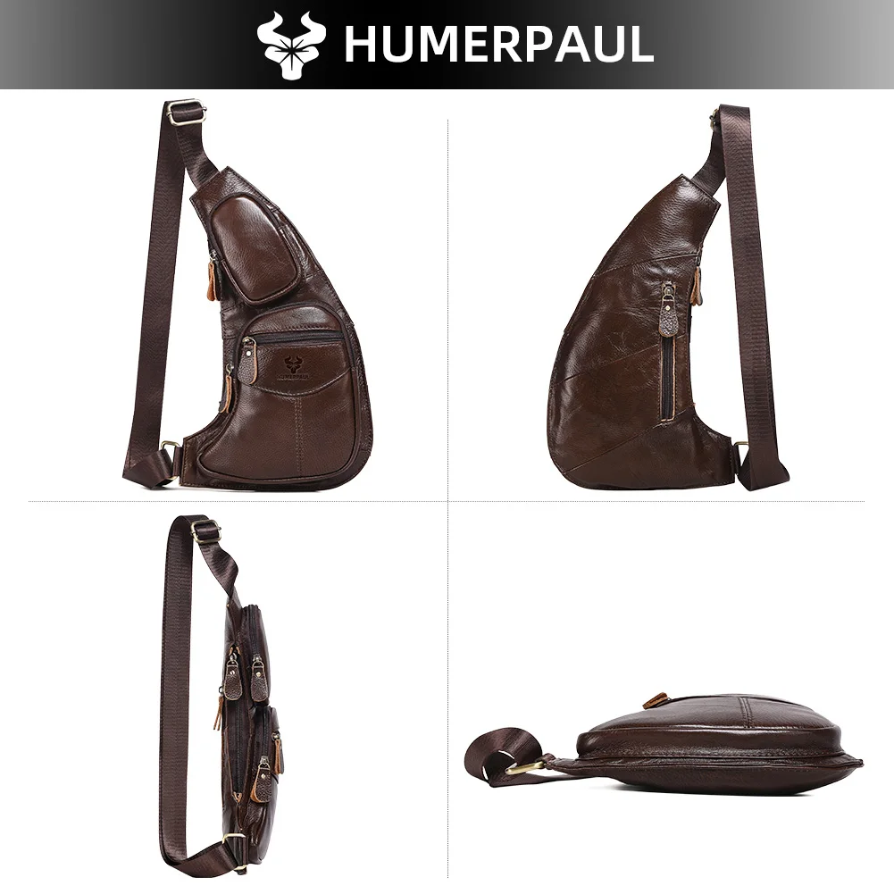 HUMERPAUL Retro-Leder-Brusttasche für Herren, große Kapazität, einschulterige Umhängetasche, Outdoor-Reisen, Wandern, Camping, Handy-Packung