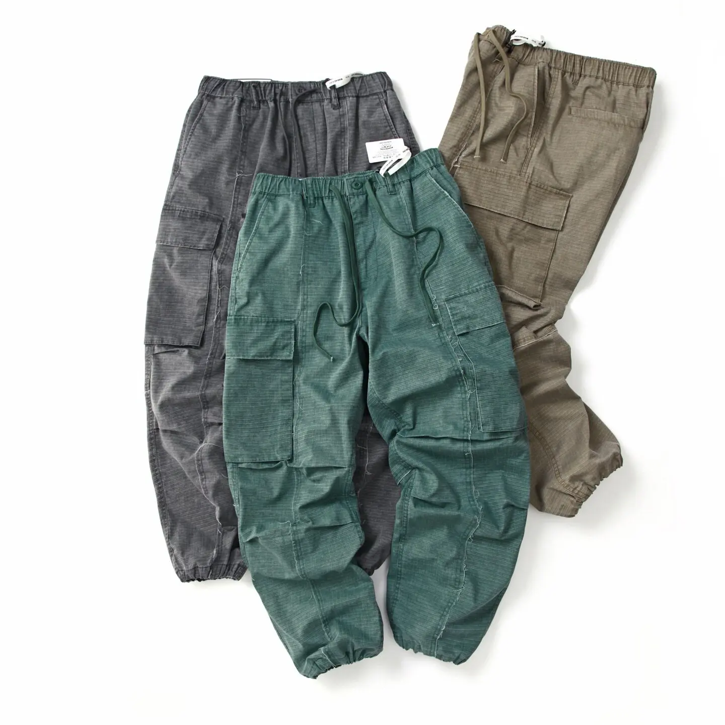 

Японские ретро-брюки карго с эффектом потертости, с большими карманами, повседневные длинные брюки, в клетку, из рипстопа, с сетчатым узором, в стиле парашютных брюк, модные