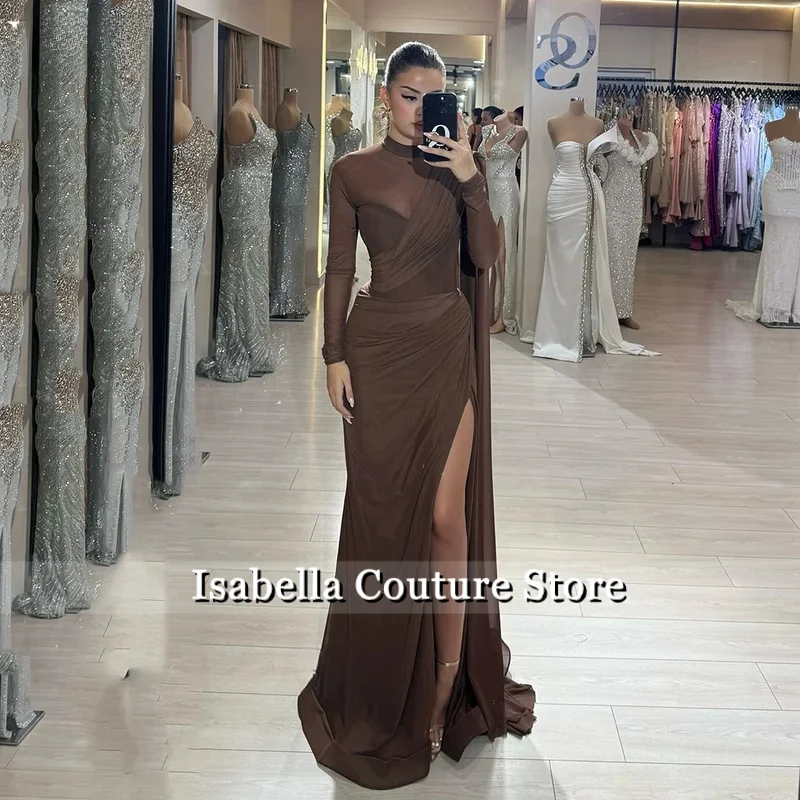 브라운 쉬폰 이브닝 드레스 하이 넥 풀 슬리브 인어 댄스 파티 드레스 섹시한 사이드 슬릿 아라비아 파티 드레스 맞춤형