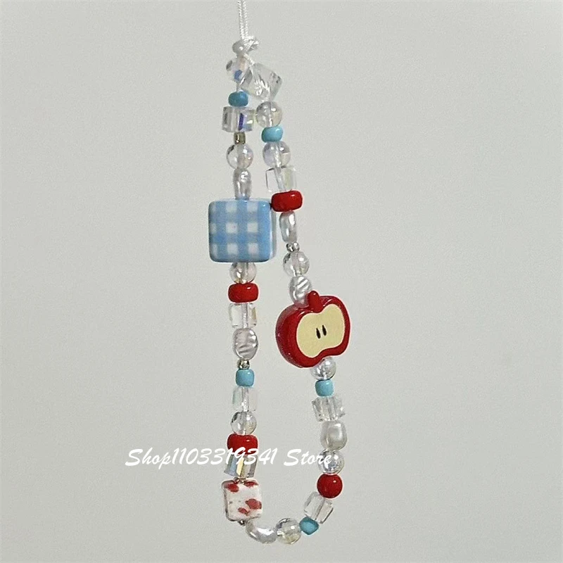 

Korean Cute Apple Pearl Beaded Phone Charms Chain For iPhone 16 15 Accessories Phone Strap Anti-Lost Lanyard Hanging Rope Girl