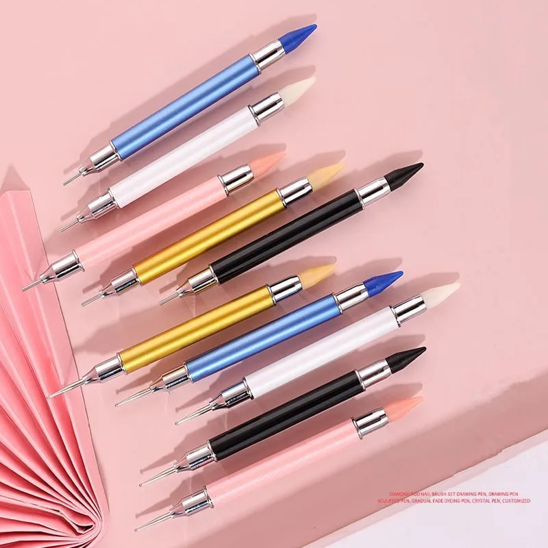 1PC両端ネイルアートドットペンセット（交換用ヘッド2個付き）ラインストーンビーズスタッズピッカーワックスペンシルブラシネイルアートツール