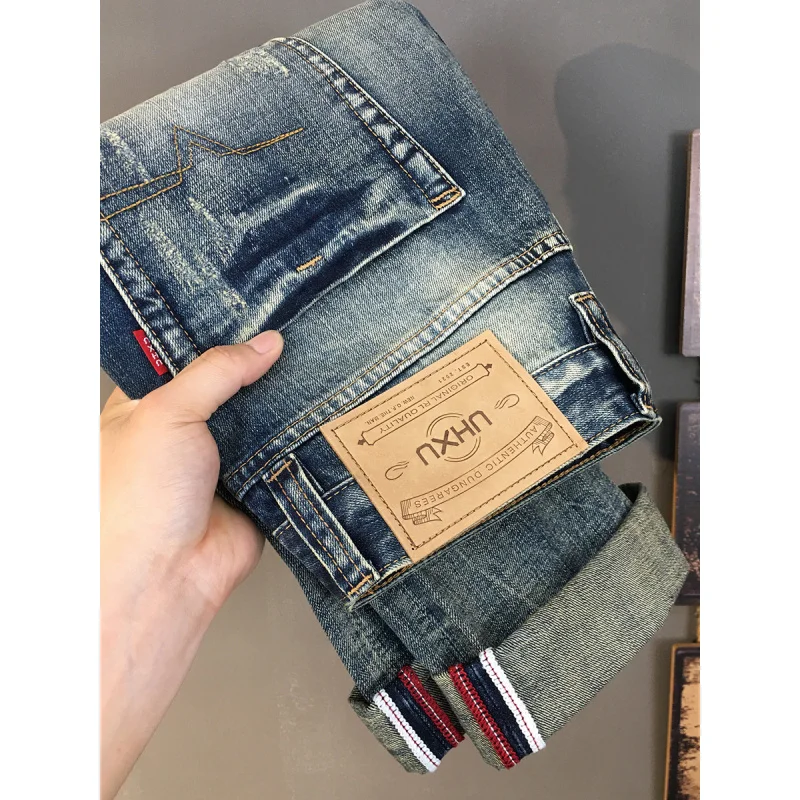 

Light luxury American retro jeans men's fashion trend brand scraped off street slim fit straight tube washed and worn pants