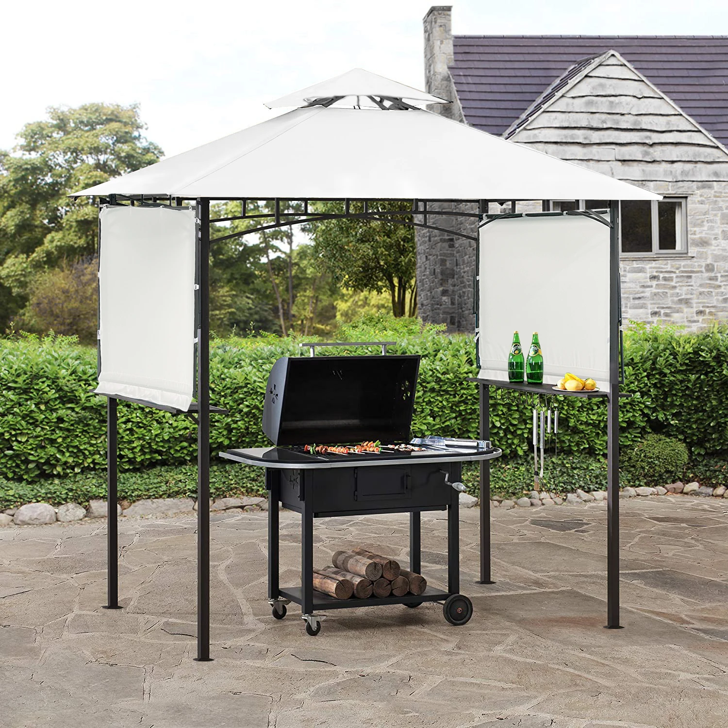 

13Ft.Lx4.5Ft.W Iron Double Tiered Backyard Patio BBQ Grill Gazebo with Bar Counters&Extendable Shades, White