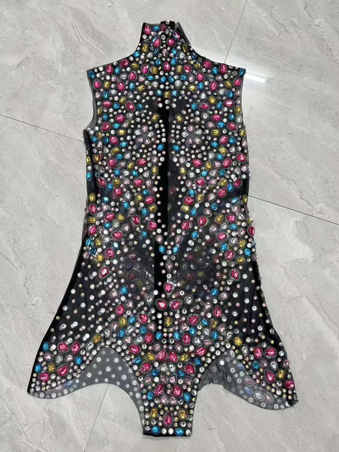 Tangwucai Sparkling Colored Rhinestone Jumpsuit Luxury women Prom Gowns Sexy Bar See Through Mesh Performance Outfit Party Dress