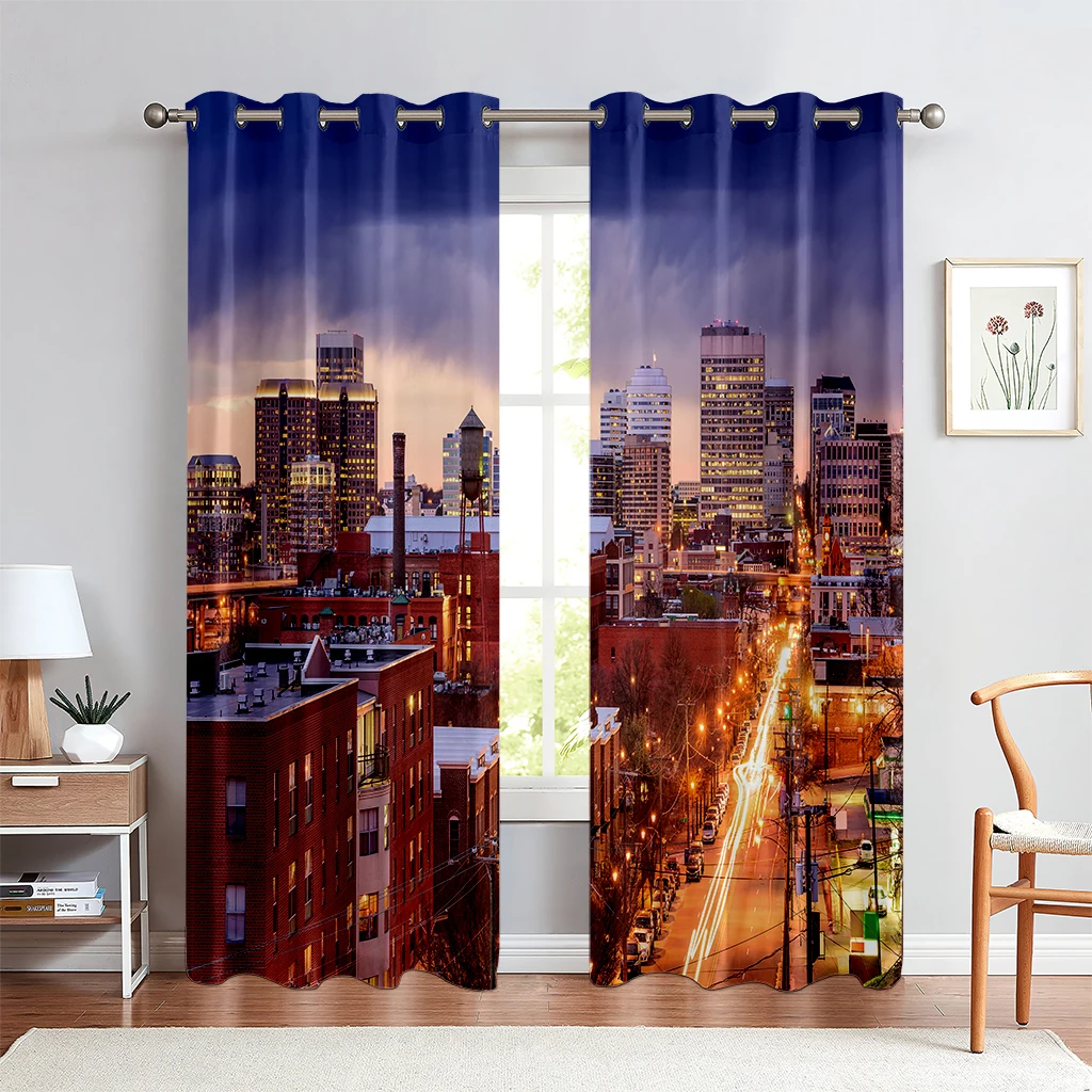 

Urban Architecture 3D Printed Curtains Street View Modern Industrial Style Living Room Floor-To-Ceiling Windows Custom Curtains