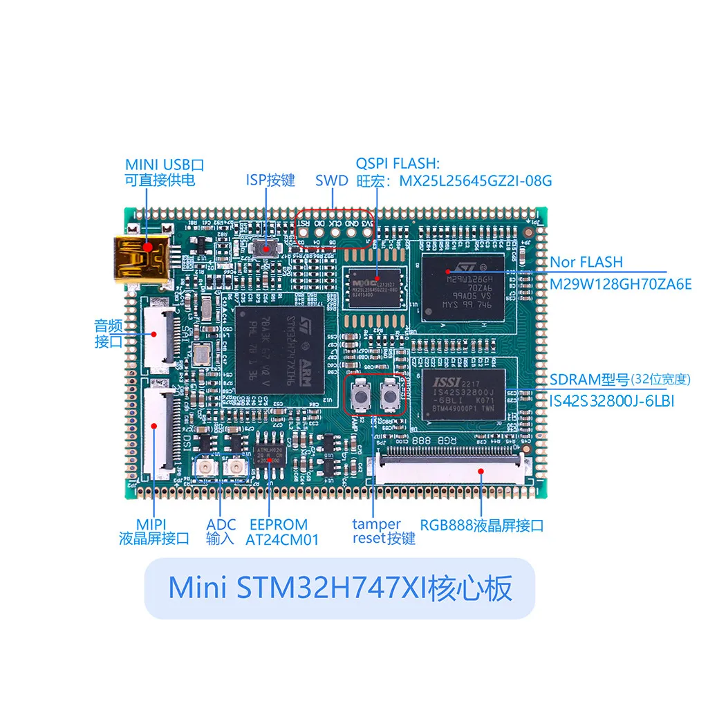 STM32H747XI Development Board: Core Board + Backplane; Optional Capacitive or Resistive Touchscreens (7-inch, 5-inch, 4.3-inch)