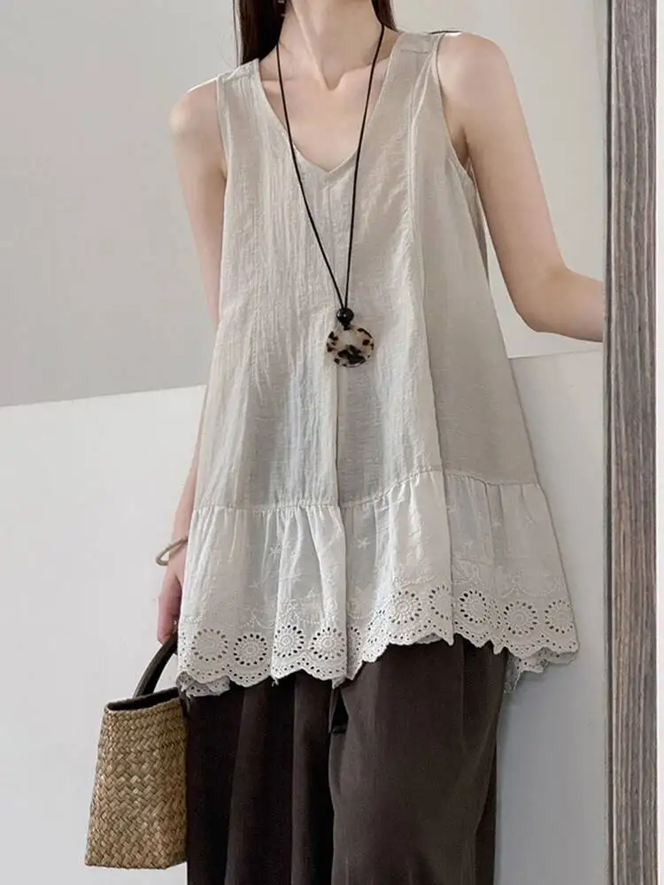 Women Dark Gray Thin Ruffles Big Size Tank Tops New V-collar Sleeveless Personality Fashion Spring Summer