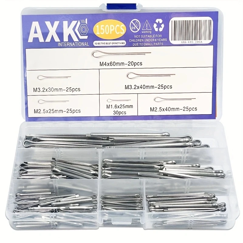 AXK 150pcs M1.6 M2.5 M3.2 M4 304 Stainless Steel Car Break Split Pins Assortment Kit U Shape Type Cotter Pins Set