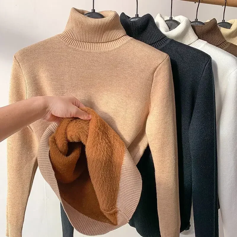 

Women Solid Pullovers Sweaters Knitted Turtleneck Full Sleeve Thick Warm Slim Fit Splice Casual Tops 2023 Autumn Winter
