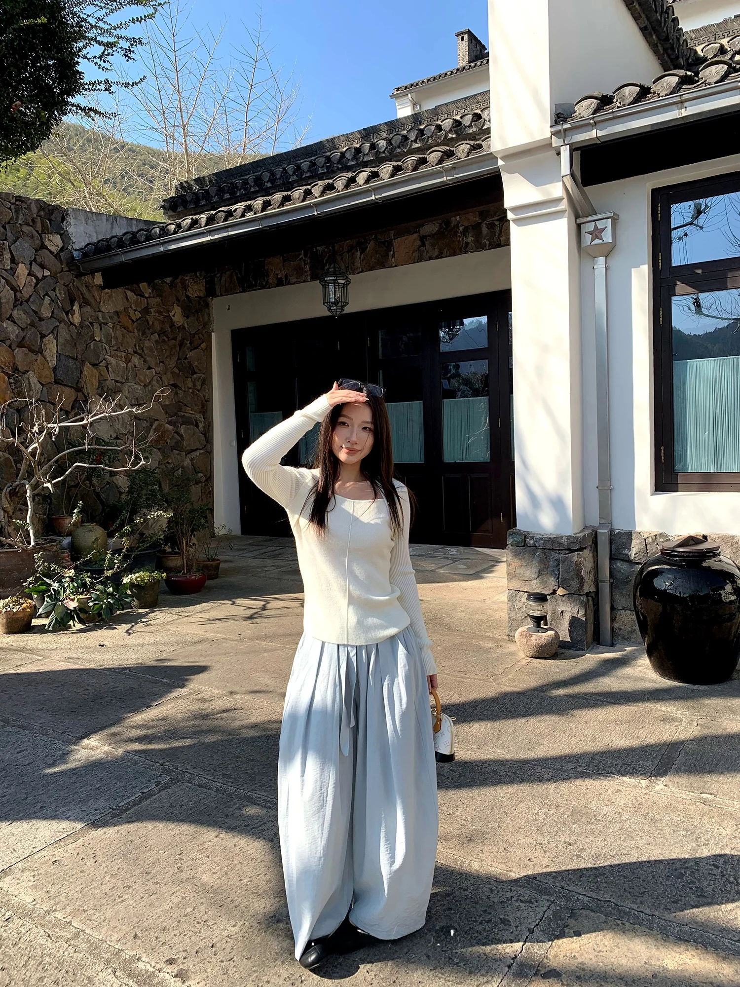 

Синие легкие повседневные брюки для женщин, широкие, не просвечивающие, струящиеся, весенне-летние, свободного кроя, визуально стройнящие