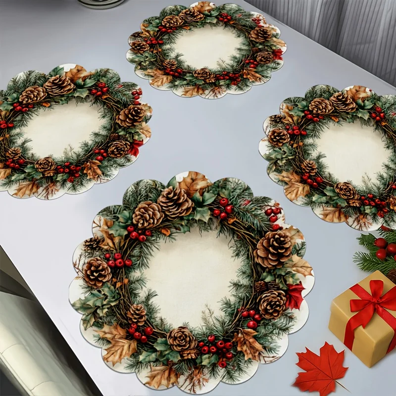VIKAMA クリスマス松ぼっくりリースプレースマット4枚セット 松の枝 家族の集まり クリスマスのテーブルデコレーションとアクセサリー