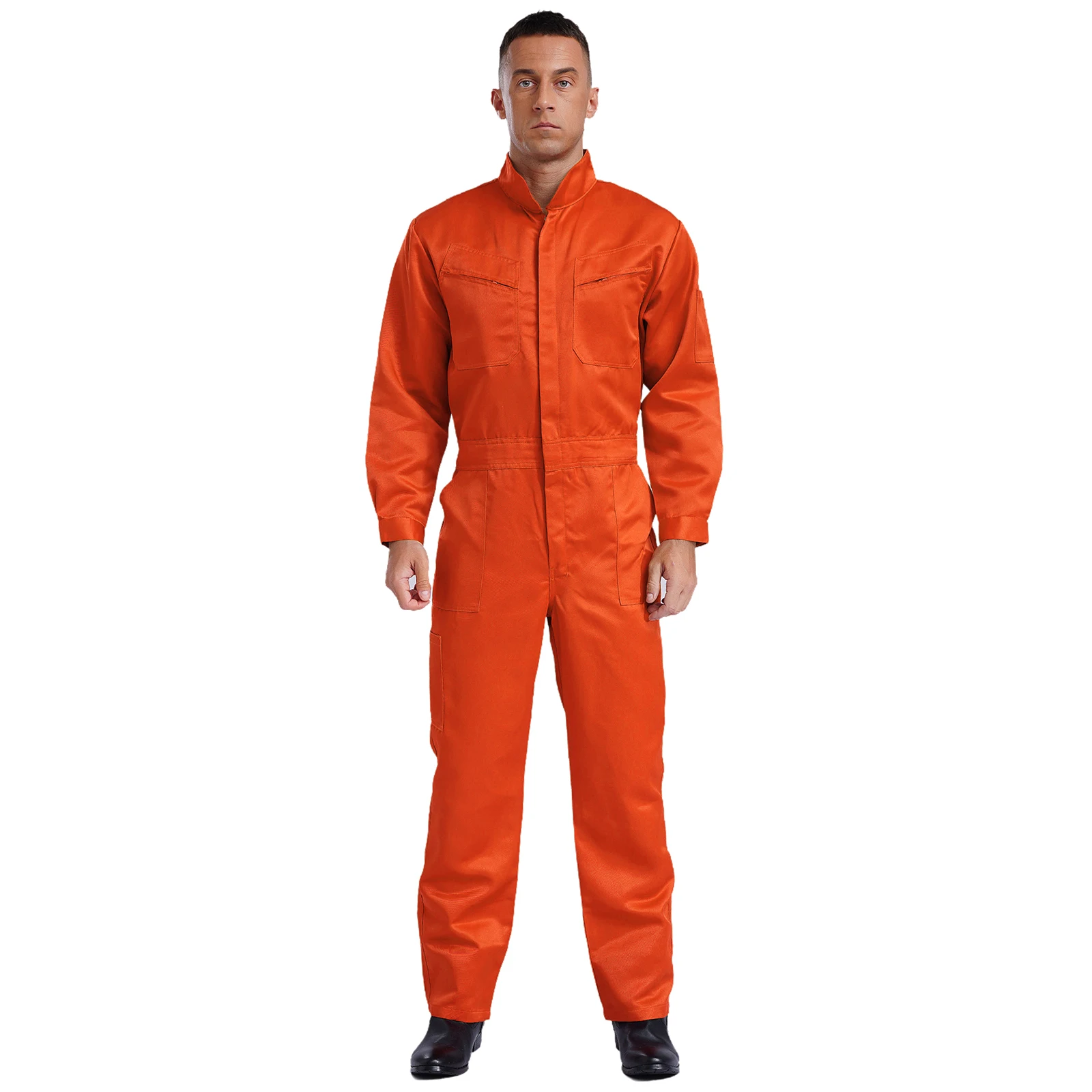 

Men Long Sleeve Overalls Workshops Working Uniforms Stand Collar Front Zip Multiple Pockets Work Coveralls Factory Work Jumpsuit