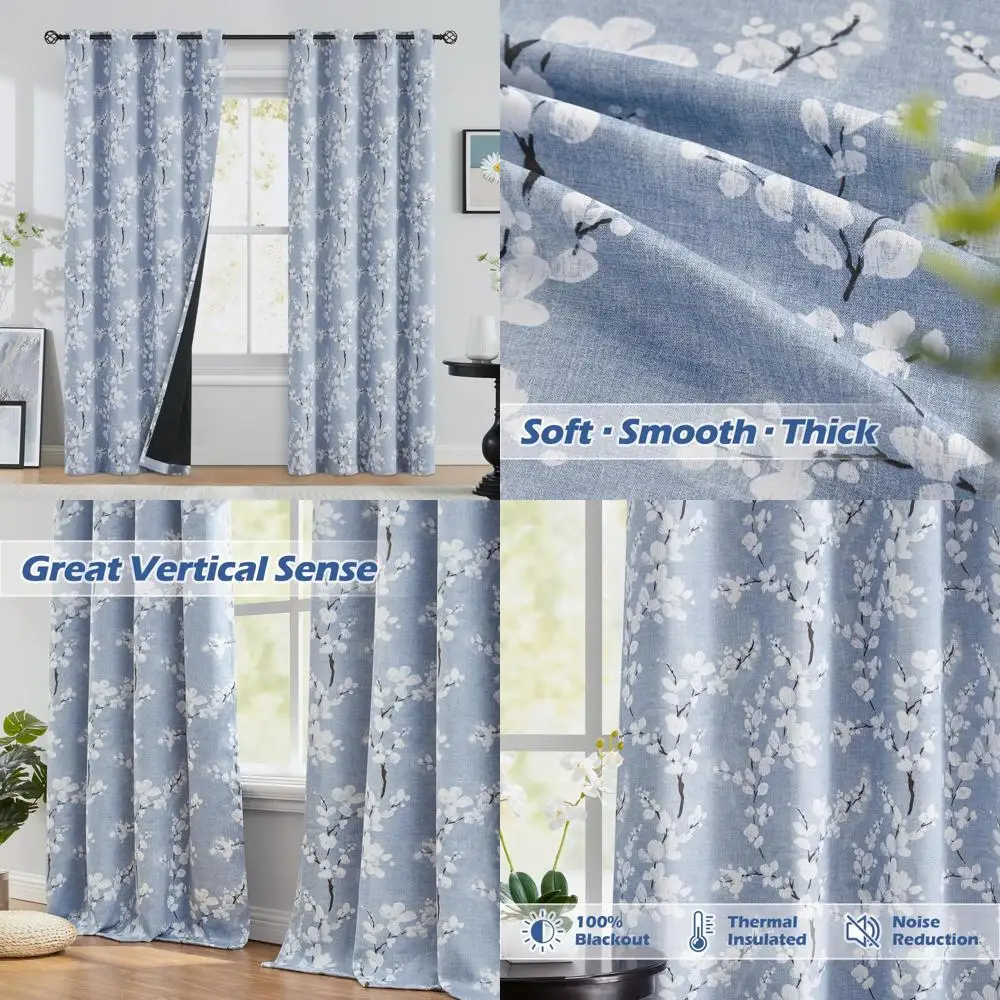 

Thermal Insulated Blue Floral 108" Blackout Curtains for Bedroom and Living Room with Blossom Print