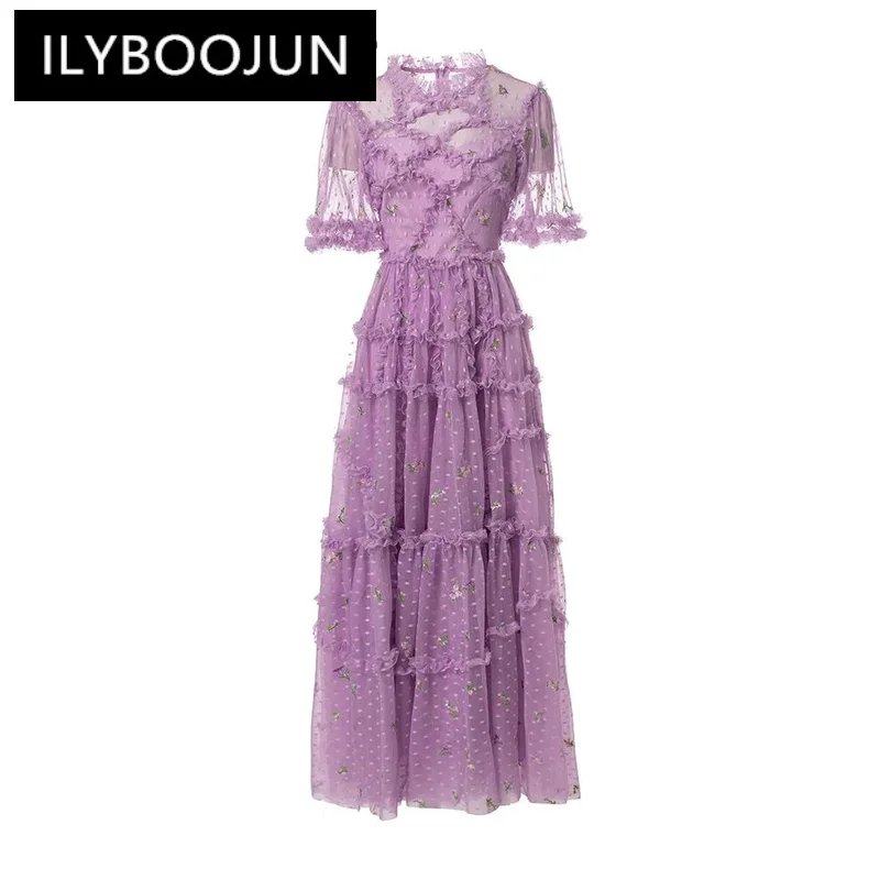 

ILYBOOJUN High Quality New Arrivals Women Dress Flowers Polka Dot Embroidery Net Yarn Ruffles Temperament Princess Dresses