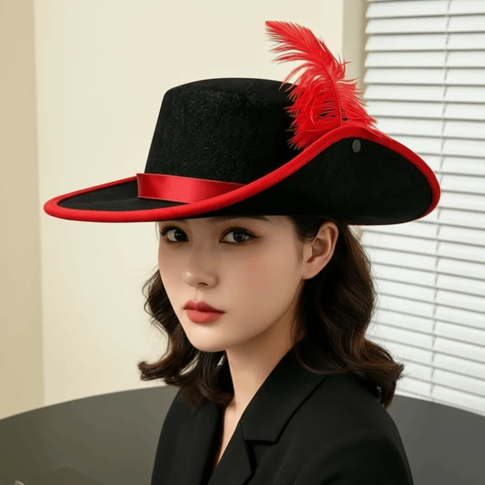 Felt Cavalier Top Hat Artificial Feather Wide Brim Feather Stage Cap Lightweight Black Masquerade Headwear Adults Dress Up